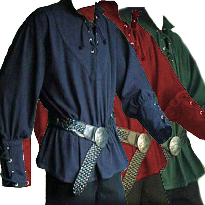 European and American wish medieval clothing men's retro stand collar strap loose top AU3822 performance clothing