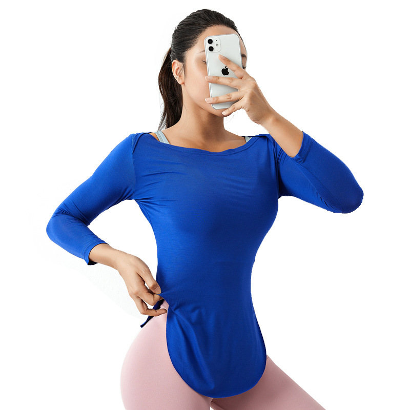 Fitness T-shirt Women's Stretch Breathable Sports Yoga Running Seven Sleeve Arc Hem Training Dance One-word Top