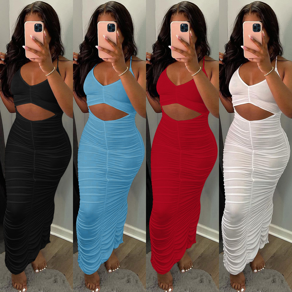 G7034 European and American Women's Clothing Amazon Independent Station Fashion Casual Solid Color Strap Pleated Dress