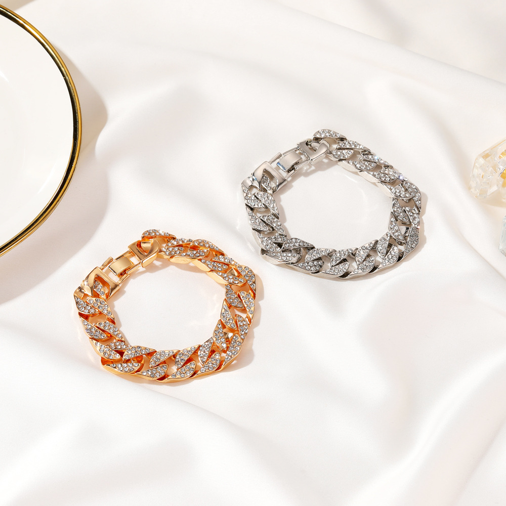 European and American Thick Chain Bracelet ins Style Internet Celebrity Same Style Wide Edition Flash Diamond Bracelet Street Fashion Cool Didi Bouncing Accessories