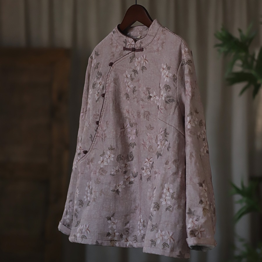 S5929 Neues, schräges Knopfleisten-Leinen-Digitaldruck-Kontrast-Zen-personalisiertes Samtoberteil im chinesischen Stil_voghion.com