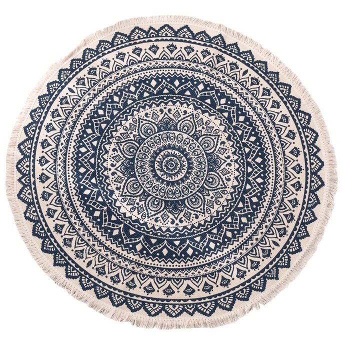 Cross-border Foreign Trade Imitation Cotton and Linen Retro Bedroom Living Room Bedside Carpet Floor Mat Living Room Dirt-resistant Tassel Printed Round Carpet