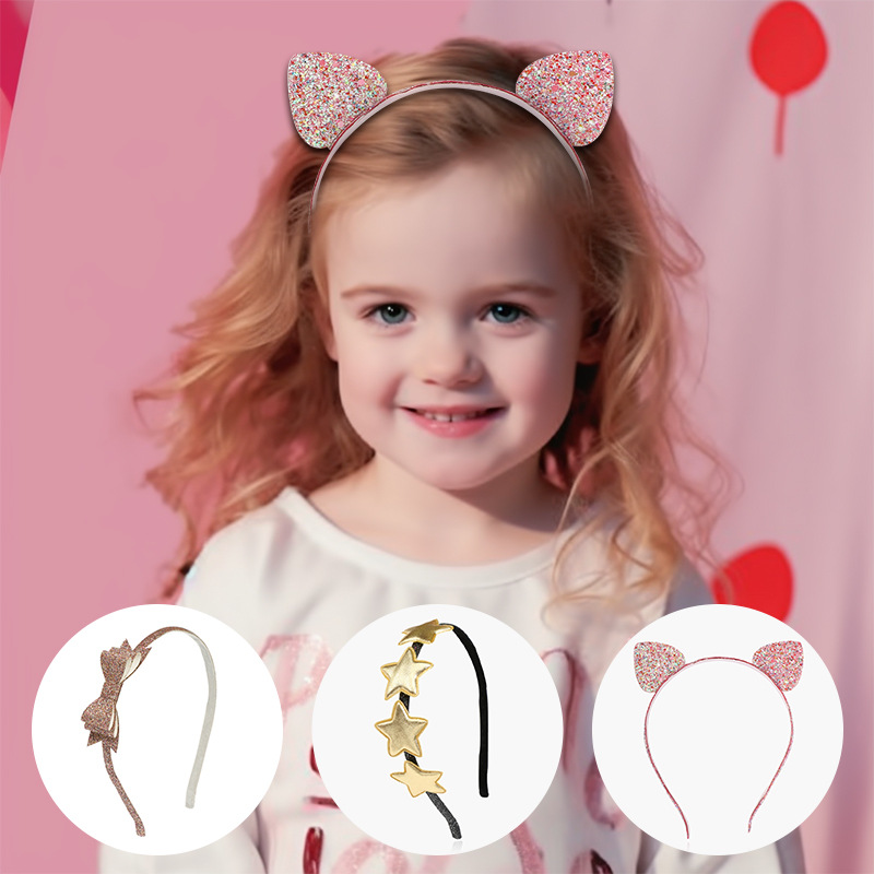 20908 three-dimensional animation cat ear hairband glitter sequins Glitter hairpin five-pointed star bow hair accessories