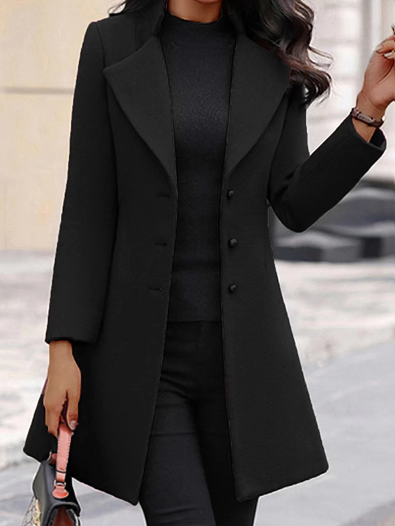 2024 New European and American Cross-border Autumn and Winter Long Korean Lapel Slim Solid Color Slim-fit Women's Woolen Coat