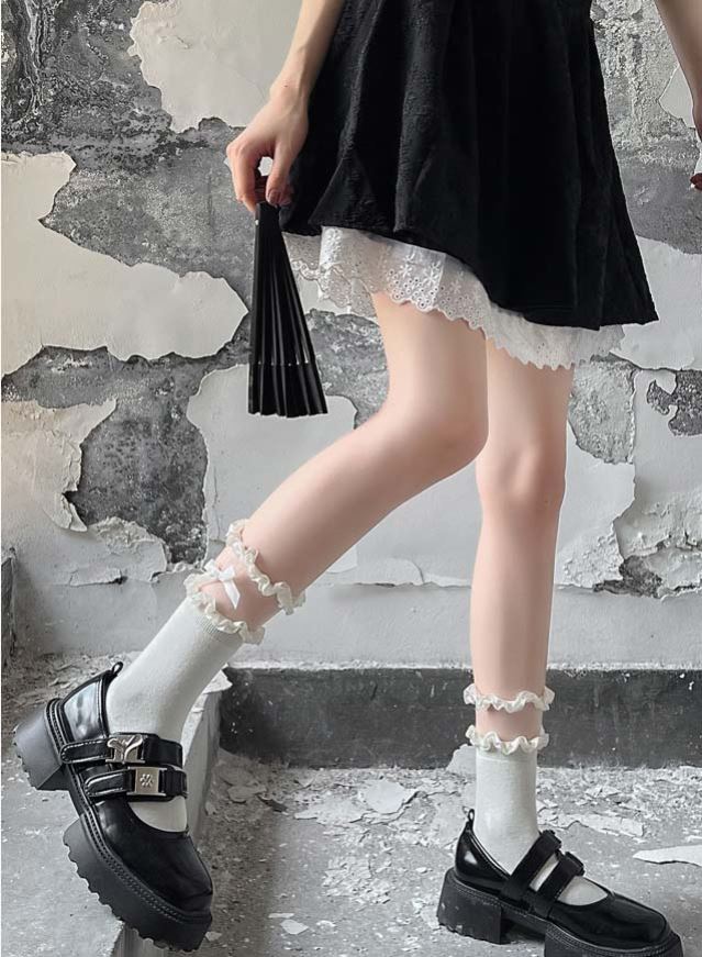 Lolita socks women's mid-calf socks summer white lace socks lolita bow calf jk socks