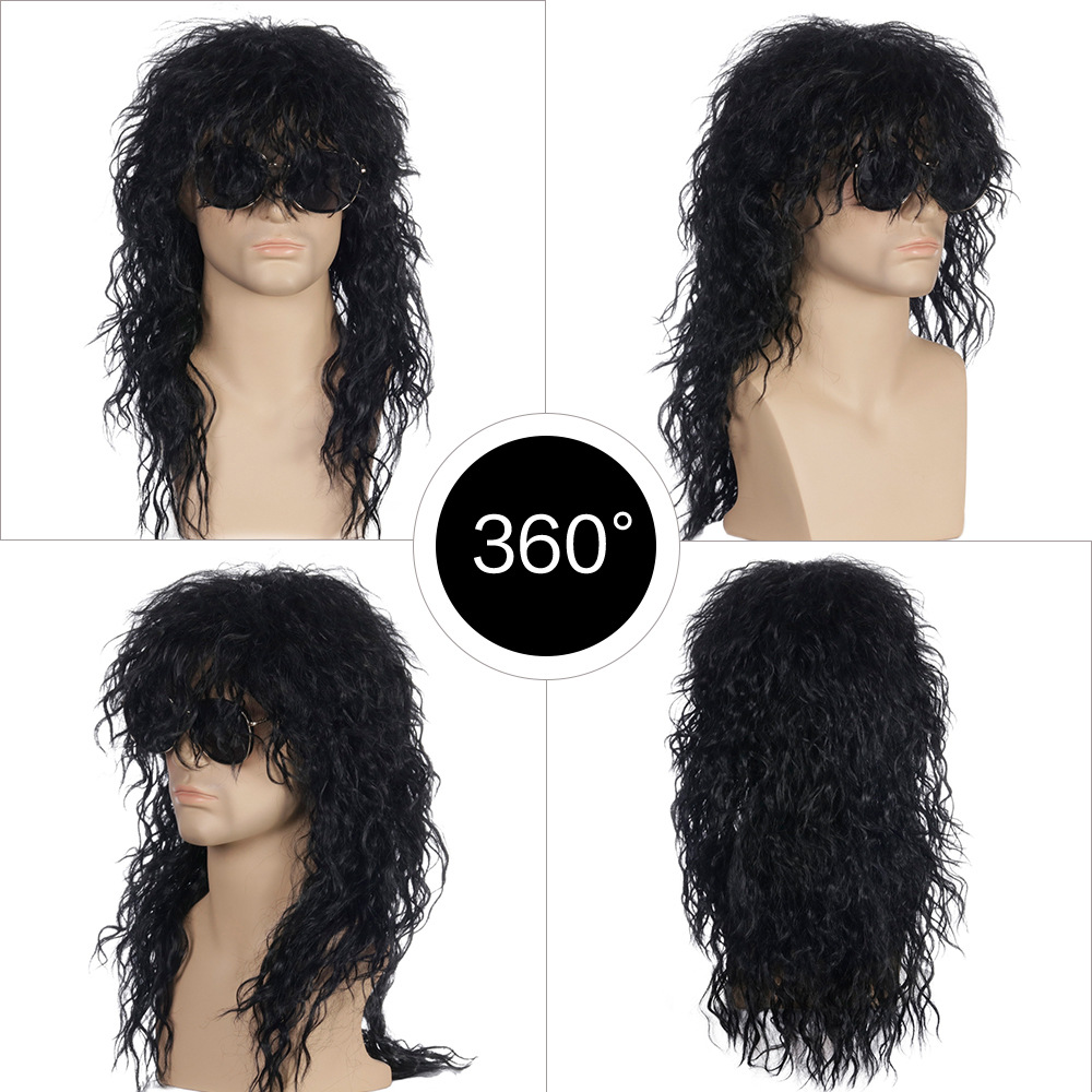 Cross-border European and American wig rock heavy metal party Halloween wig long curly hair chemical fiber prosthetic cover men's spot