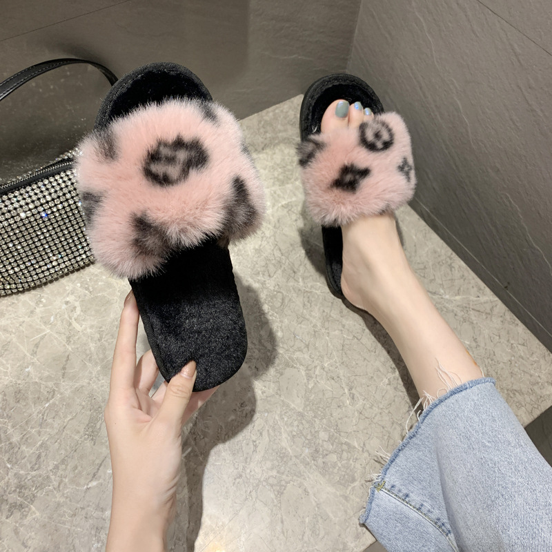 Amazon New Flower Slippers Fur Flat Slippers Women's Home High and Low Wool Open Cotton Slippers for Foreign Trade