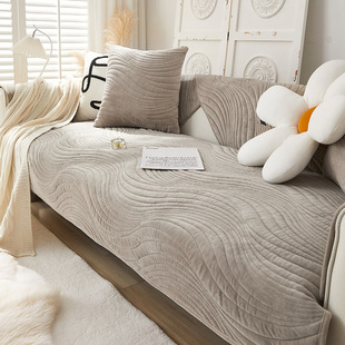 Winter New Solid Color Crystal Velvet Quilted Embroidered Sofa Cushion Simple Super Soft Non-Slip Sofa Cushion Towel Cover