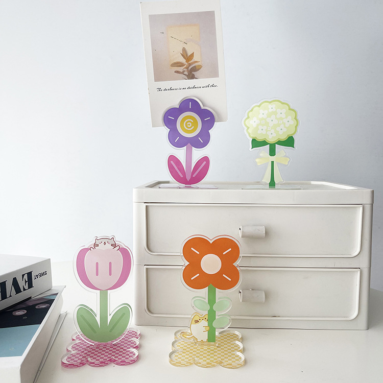 Acrylic note holder desktop photo vertical message cute flower and cat card small ornaments stand card photo holder