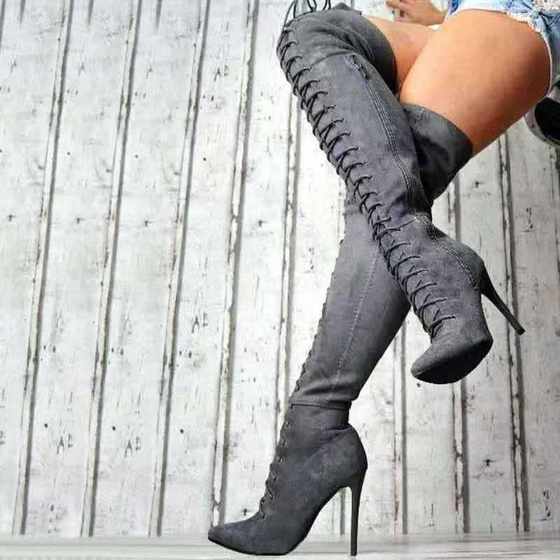 20 Winter High Suede Long High Heel Thin Heel Viscose Shoes European and American Over-the-knee Women's Pointed Fashion Boots