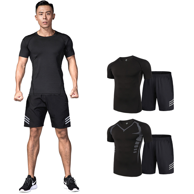Fitness Clothes Men's Quick-drying Tights Short-sleeved Shorts Sports Suit Basketball High Elastic Training Running Equipment Sweat Absorbing