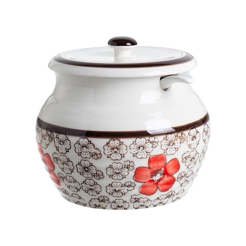 Japanese-style ceramic lard tank household high temperature resistant chili oil tank with lid seasoning tank sugar tank salt tank lard filling wholesale