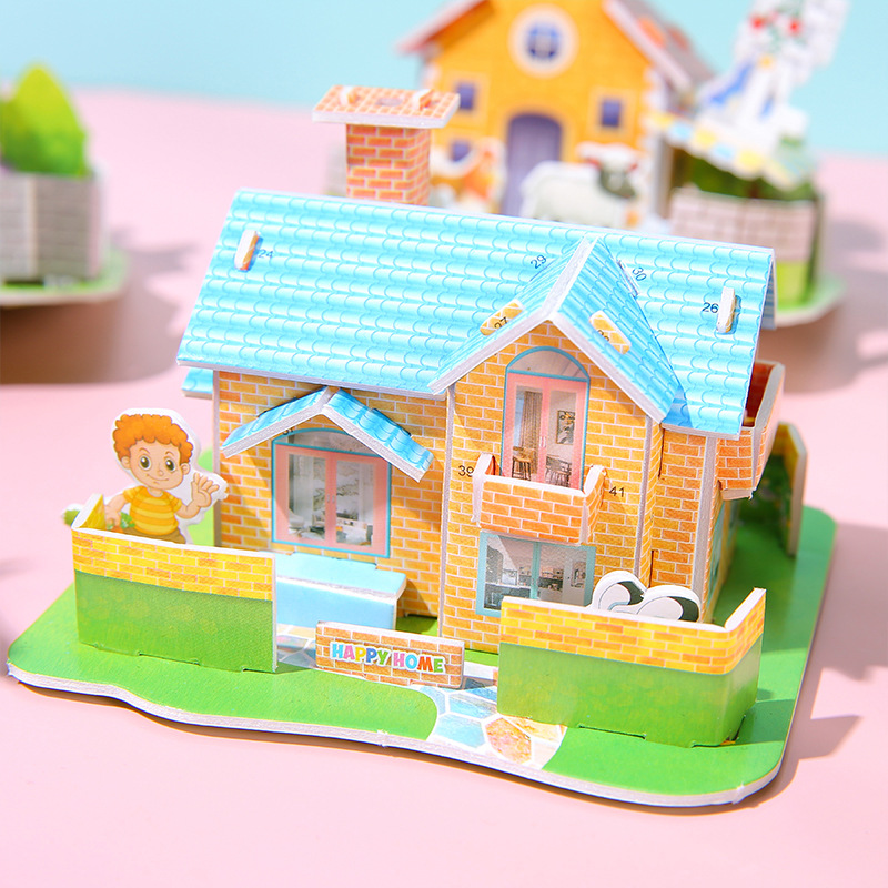 Kindergarten children's handmade educational toys paper three-dimensional puzzle building blocks DIY cottage creative building model