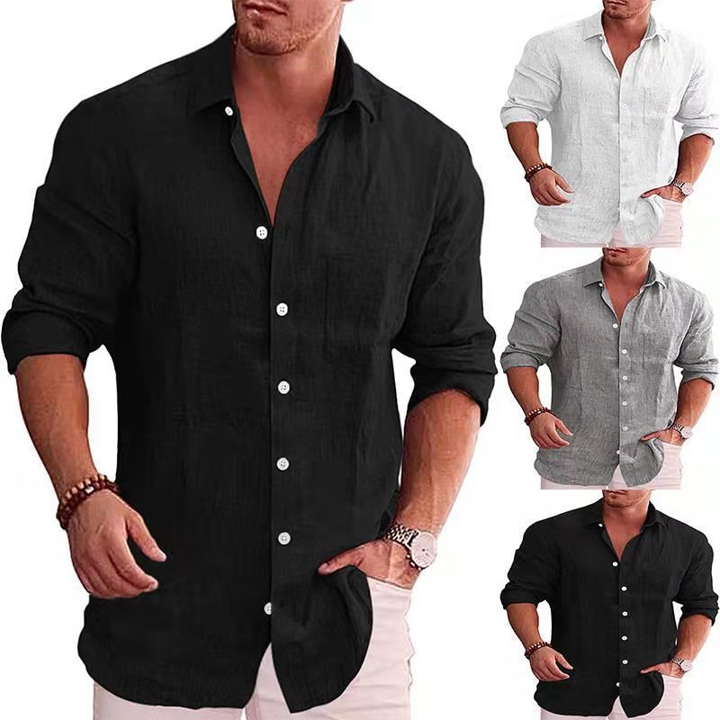 2023 Amazon ebay Foreign Trade Men's Loose Large Size Solid Color Shirt Linen Lapel Long Sleeve Casual Shirt for Men