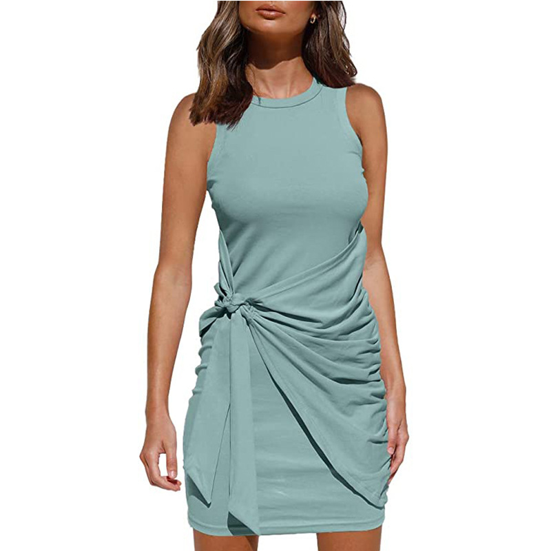 New 2021 European and American Amazon Hot Sleeveless Crewneck Pleated Bow Belt Irregular Dress