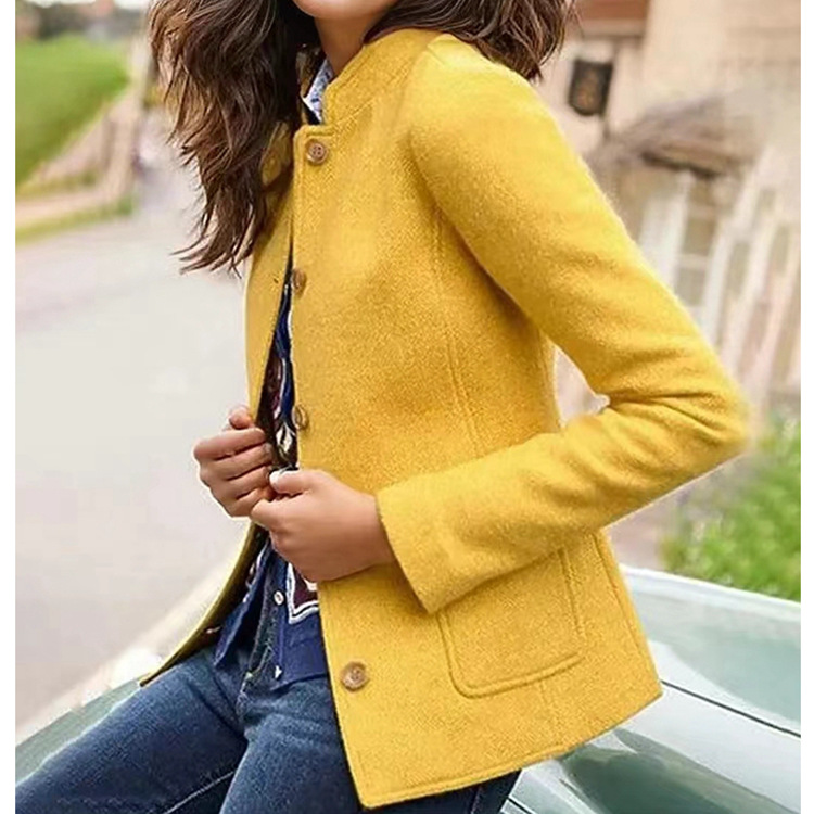 2023 Winter New eaby independent stand solid color woolen stand collar simple long sleeve breasted short coat_voghion.com