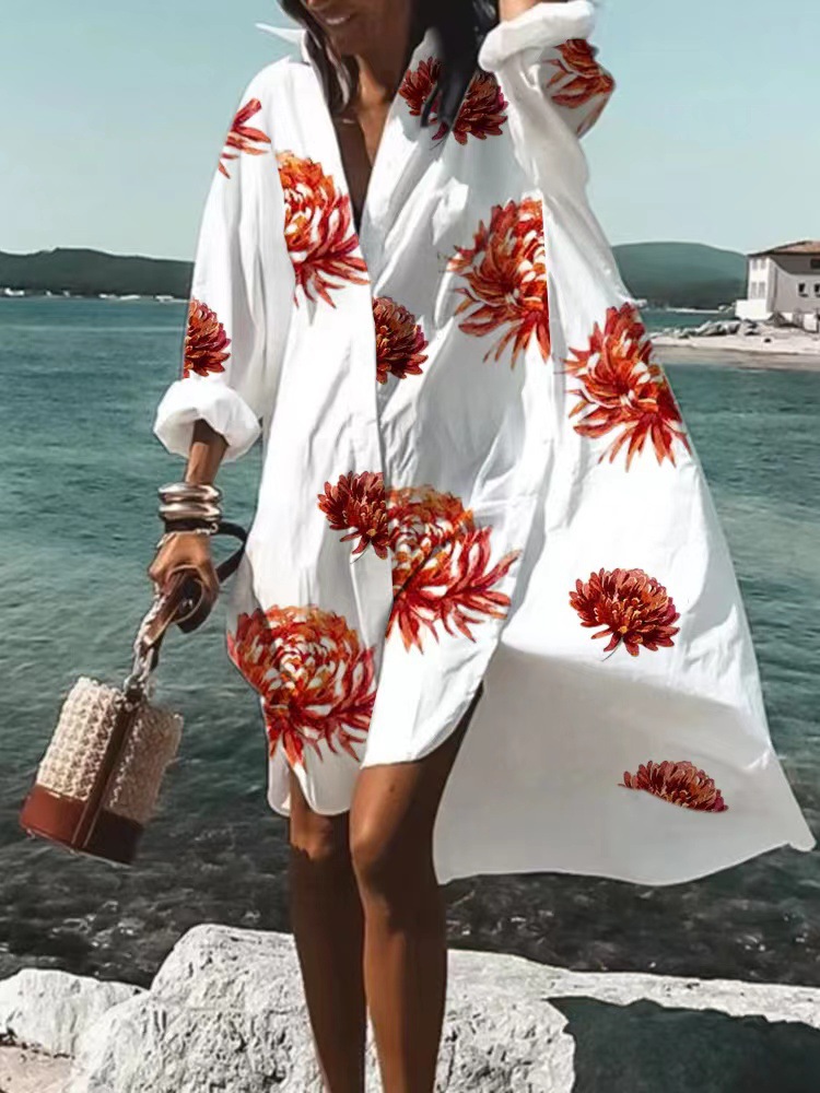 9392 Amazon Foreign Trade Fashion Women's Loose New Digital Printing Long Sleeve Lapel Shirt dress