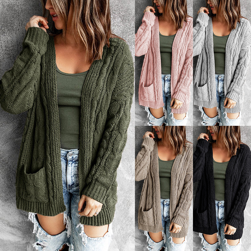 Cross-border Solid Color Pocket Long Twist Knitted Cardigan Jacket for Autumn and Winter 2023 New European and American Pocket Sweater for Women