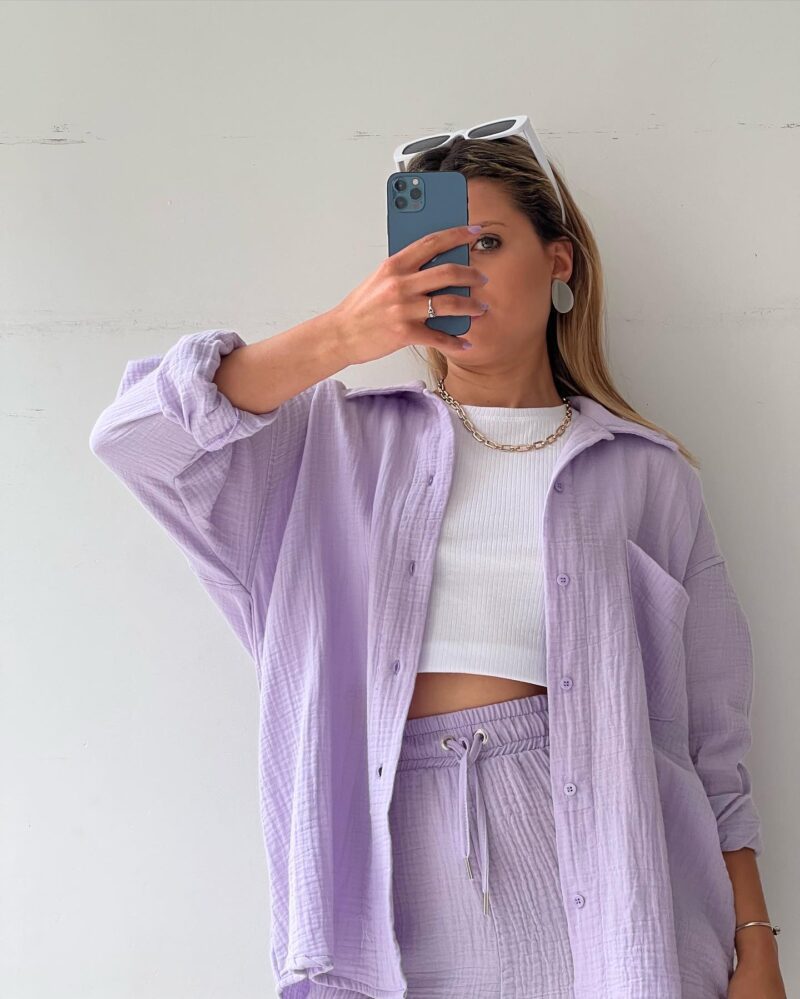 2023  European and American Women's Wrinkled Lapel Long Sleeve Shirt High Waist Drawstring Shorts Fashion Casual Two-Piece Set_voghion.com