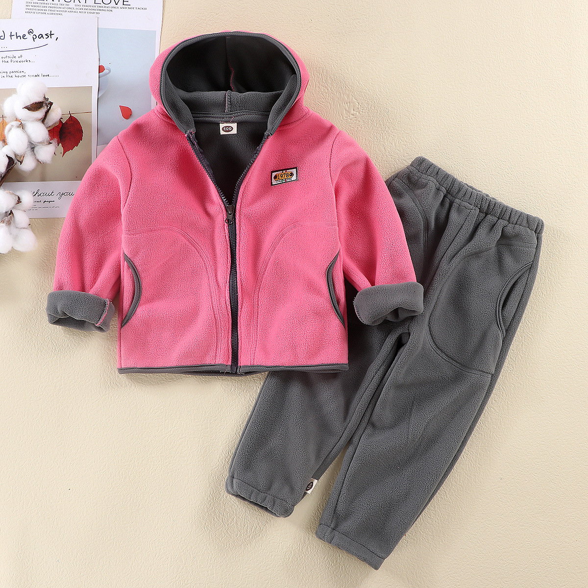 Children's Autumn and Winter Fleece Suit Big Boys and Girls Coat Pants Outer Wear Thickened Spring Hooded Two-piece Set