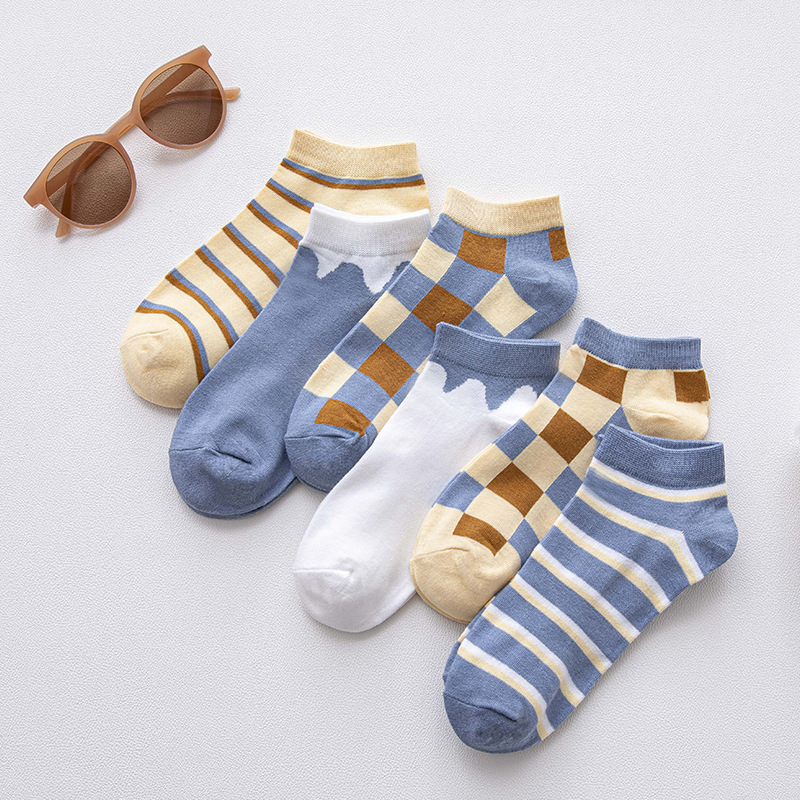 Socks Women's Short Socks Spring New Japanese Plaid Boat Socks Contrast Color Women's Socks Cotton Socks Cream Flowing Street ins Tide