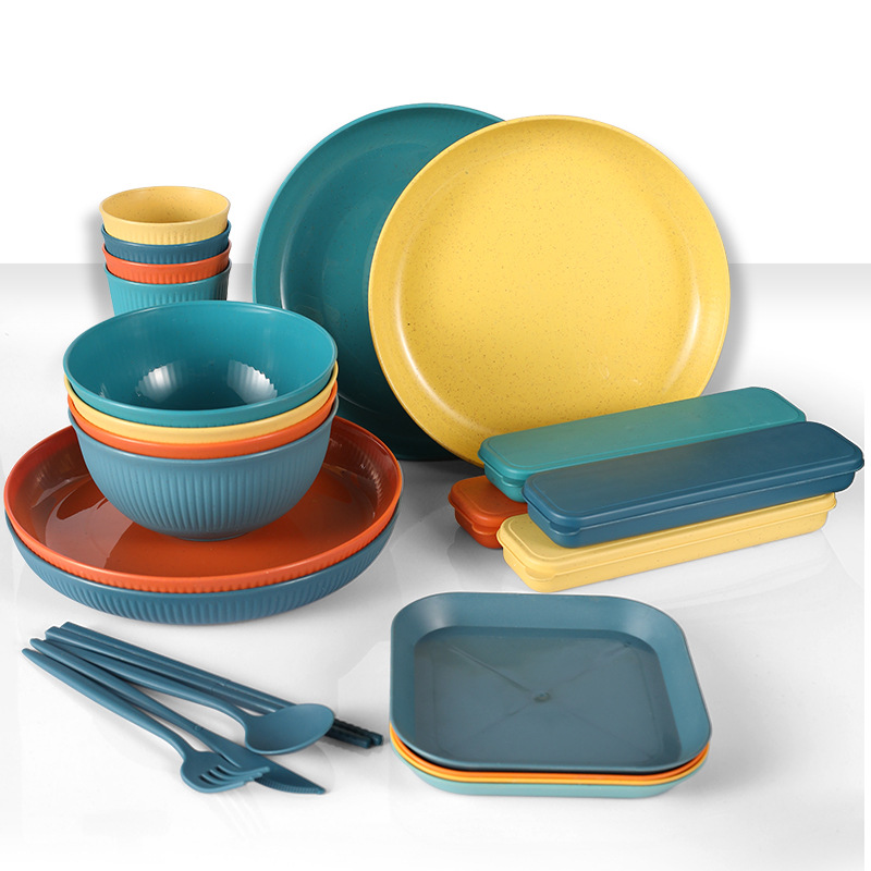 Amazon Wheat Straw Dinner Plate Dishes Water Cup Tableware Set Portable Knife, Fork and Spoon Chopsticks Outdoor Tableware Set