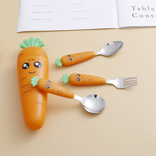 in stock Cartoon Radish Tableware Stainless Steel Spoon Fork Scraping Mud Children's Spoon Plastic Handle Portable Children's Tableware with Box