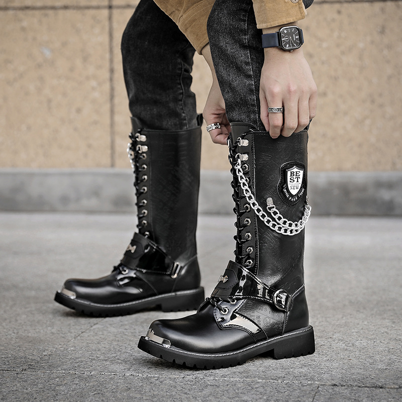 Spring and Autumn Korean Style Inner Height Increasing Martin Boots High-rise Cowboy Motorcycle Men's Boots Long-barreled Punk Stage Performance Leather Boots 911