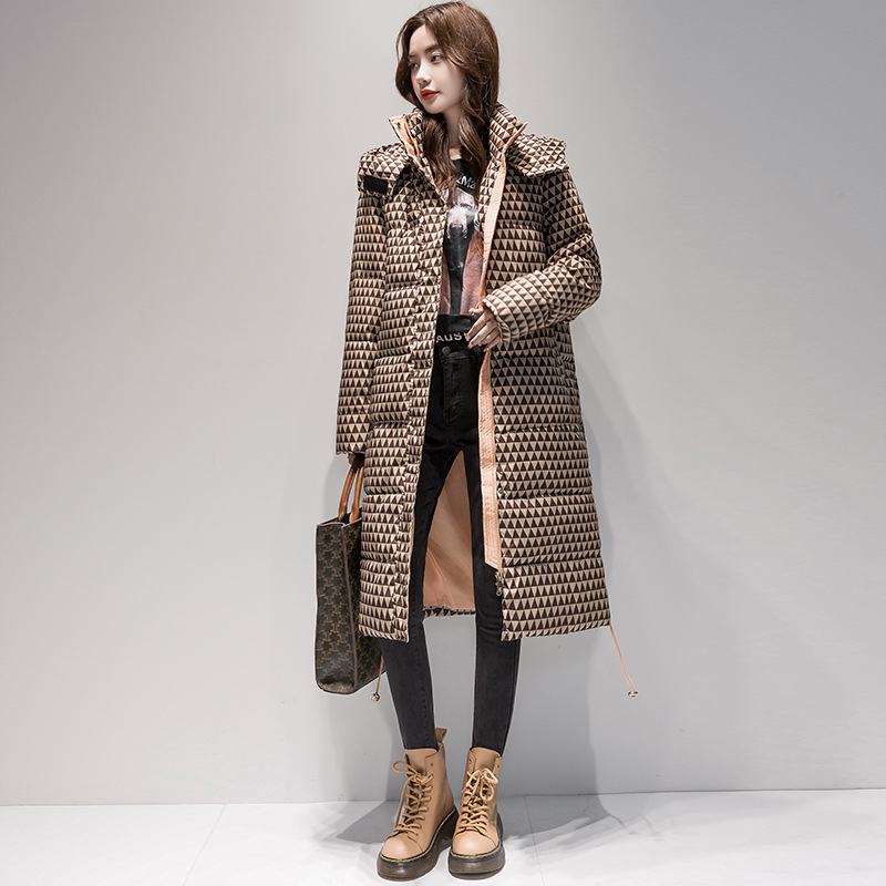 Hooded plaid over-the-knee long Internet celebrity fashion loose and versatile temperament plaid women's mid-length down jacket for women trendy