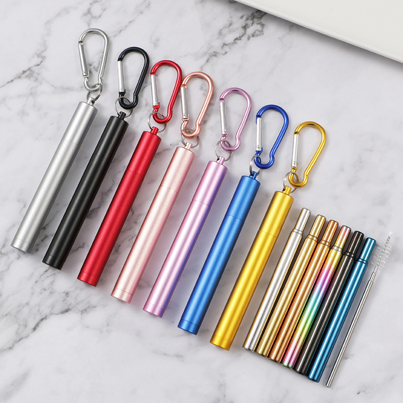 Cross-border 304 stainless steel retractable straw with colorful aluminum alloy, three-section folding straw, portable outdoor set