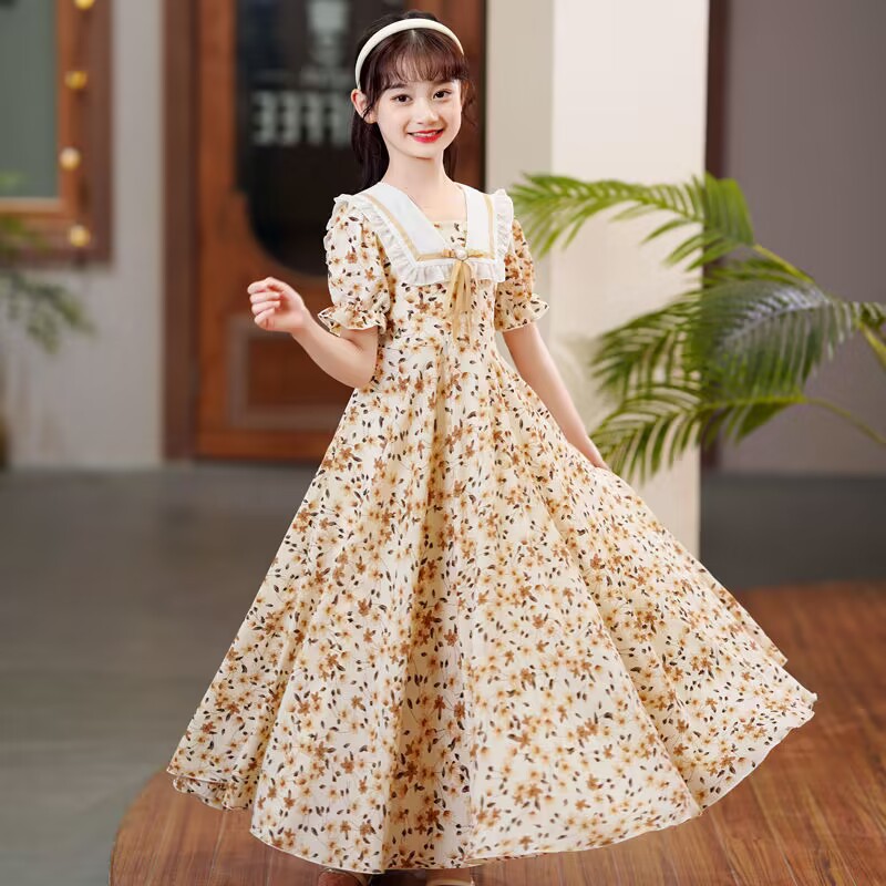 Girls' dress summer short-sleeved floral chiffon dress summer children's dress new girls' summer princess dress