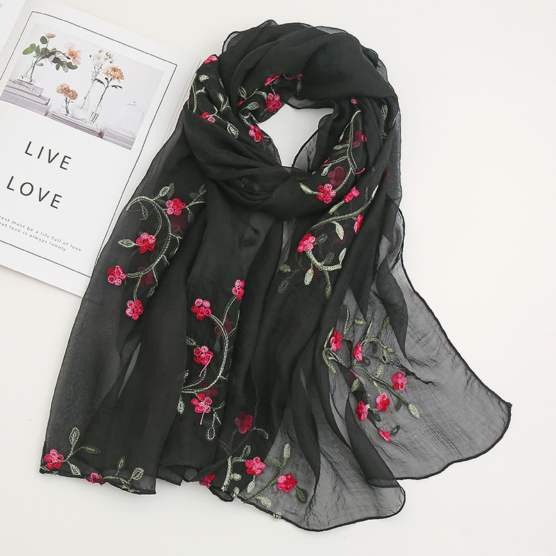 Korean Style Shili Peach Blossom Chiffon Flower Embroidered Silk Scarf Women's Fashionable All-match Travel Sunscreen Shawl