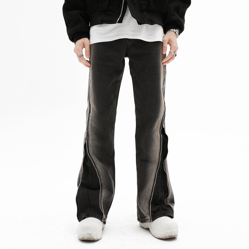 American retro distressed design sense zipper straight trousers men's ins tide casual split high street jeans wholesale