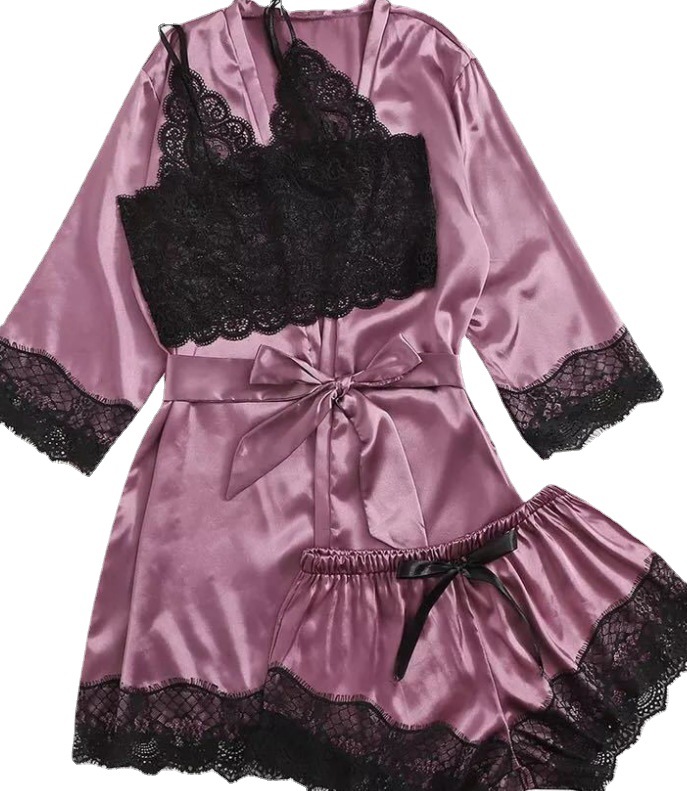 Amazon Europe and America Cross-border Pajamas Three-piece Set Women's Summer Silk-like Nightgown Bathrobe Foreign Trade Home Clothes suit