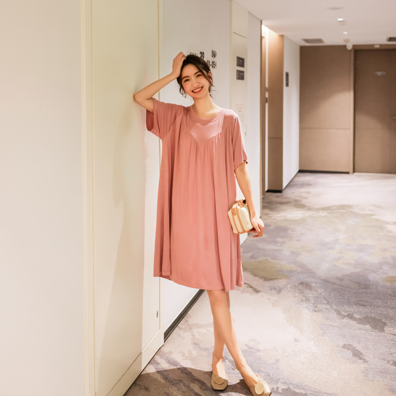 Modal Nightdress Summer Fat Girls Loose Large Size Casual Short Sleeve Dress V-shaped Pleated Thin Home Dress