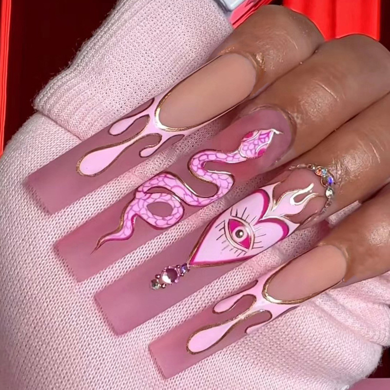 Wear Nail Frosted Pink French Water Drop Snake Pattern Rhinestone Nail Patch Wear Nail Art Finished Wholesale