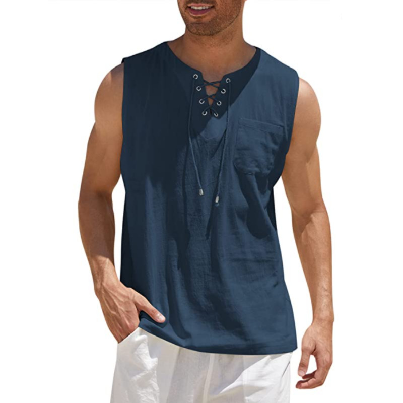 2024 Amazon New Men's Sleeveless Top Eaby Medieval Air Eye Lace-up Collar Men's Pullover Lining