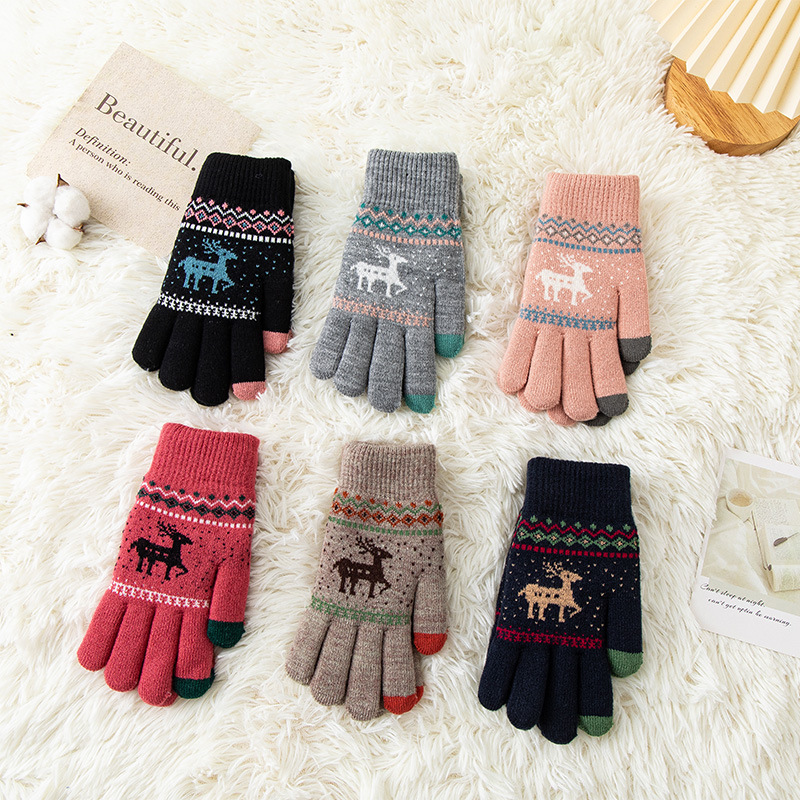 针织触屏手套女士冬季保暖加厚加绒户外骑行提花可爱麋鹿韩版手套
