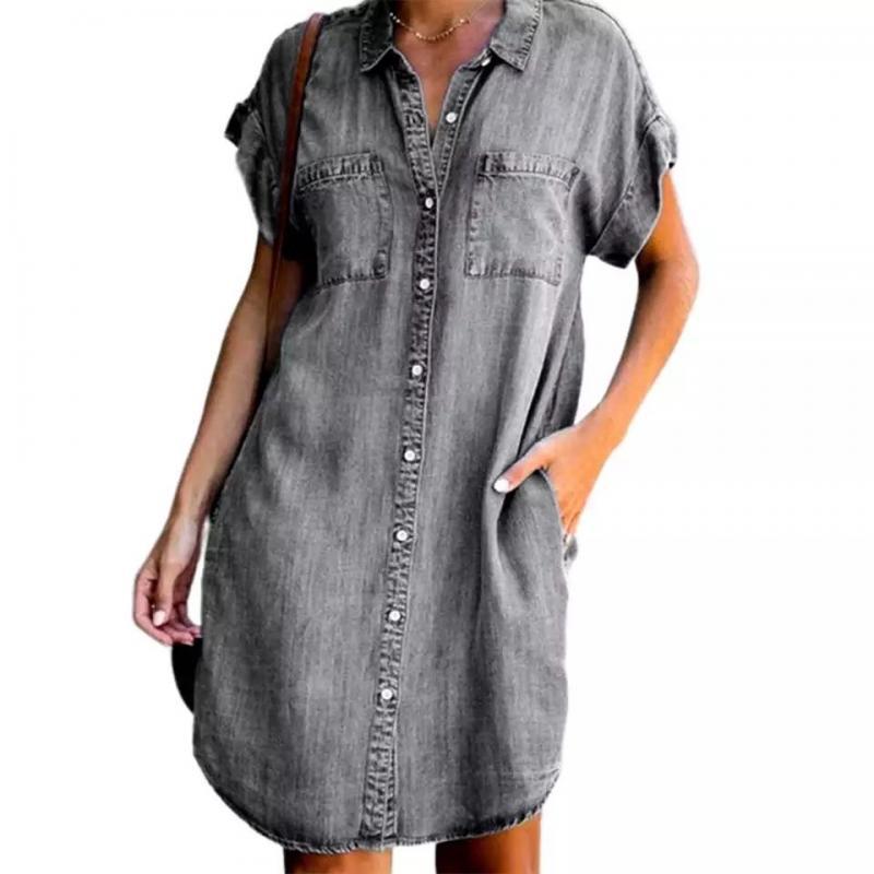 Independent Station Amazon 2023 Cross-border New European and American Lapel Short-sleeved Slim-fit Dress Denim Shirt Dress for Women