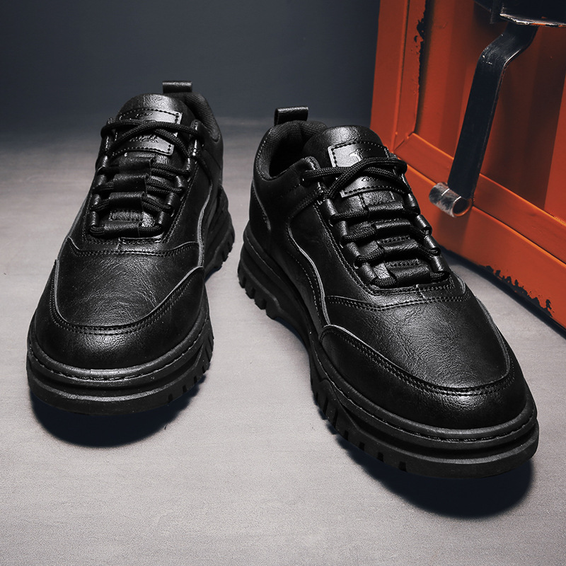 Autumn New Men's Shoes Korean Style Men's Casual Board Shoes Black PU Leather Shoes Fashionable Student Sports Shoes Lace-up Trendy Shoes