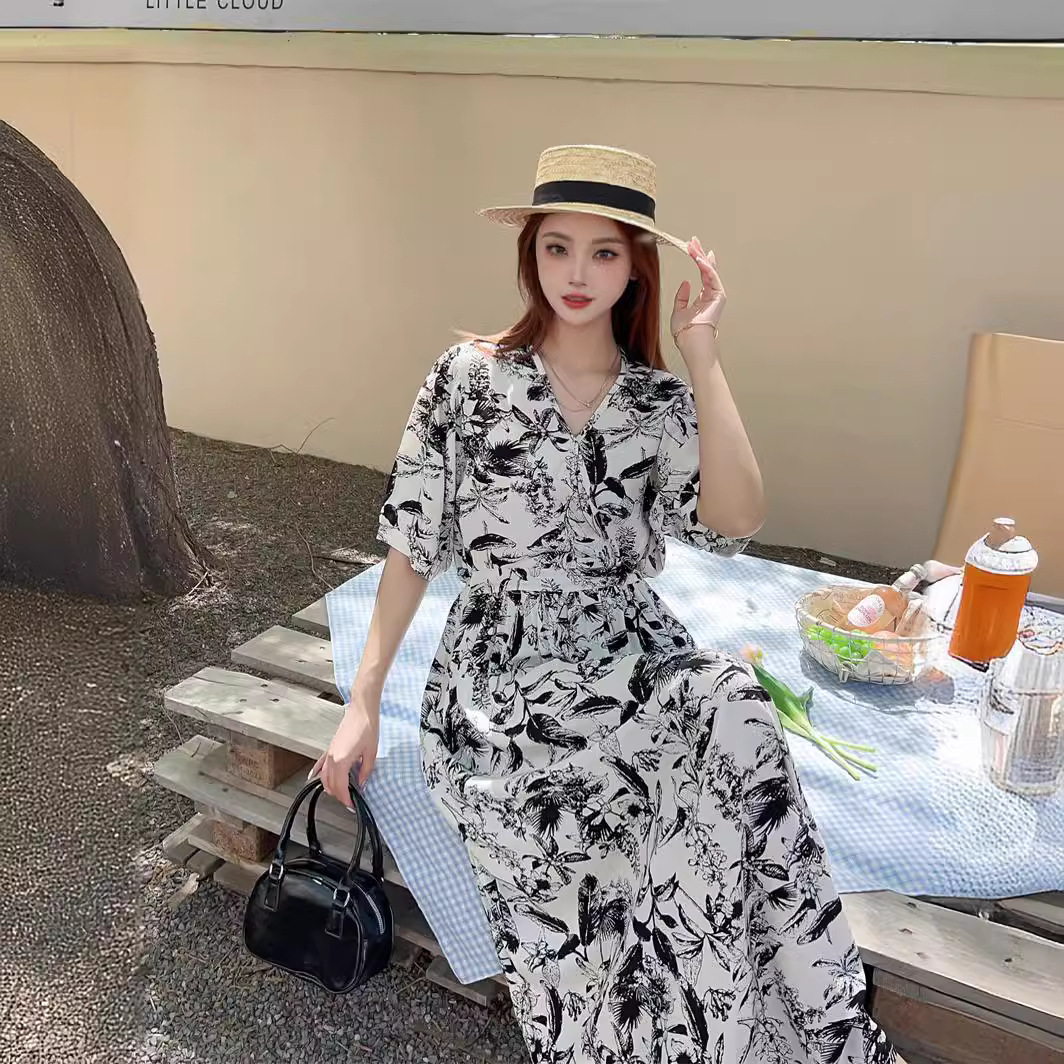 Cotton Silk Floral dress 2024 New Summer High-end plus size chubby girl Skirt Tight Waist Slimming French Long Dress