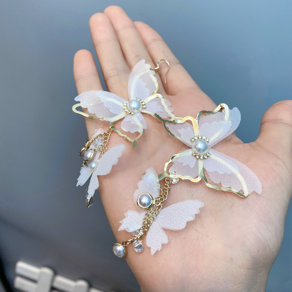 D135 Fairy Butterfly Earrings 2021 New Fashion Long Tassel Earrings Korean Elegant Internet Celebrity Exaggerated Earrings