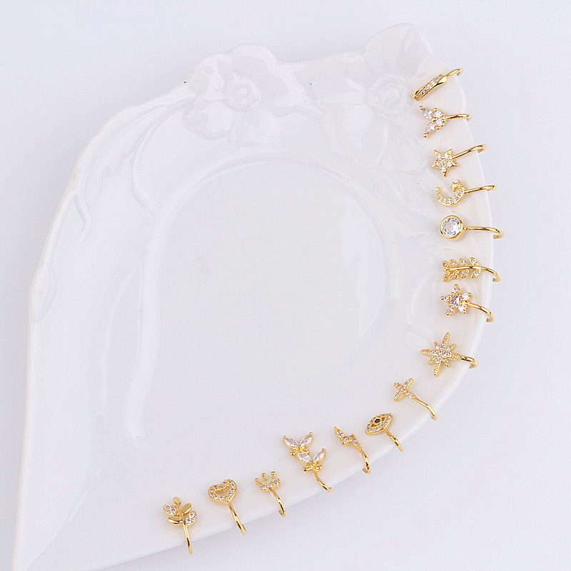 U-shaped micro-inlaid zircon fake nose ring butterfly crown cross copper plated 18K gold Non-puncture nose clip nose nail set