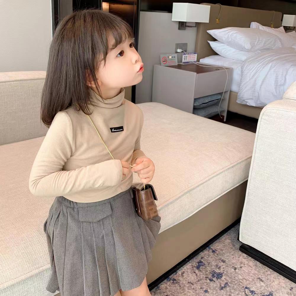 Girls' Base Layer Top 2024 Spring and Autumn Wear Solid Color High Collar T-Shirt Children Stylish Thicken Fleece Elastic Winter Top