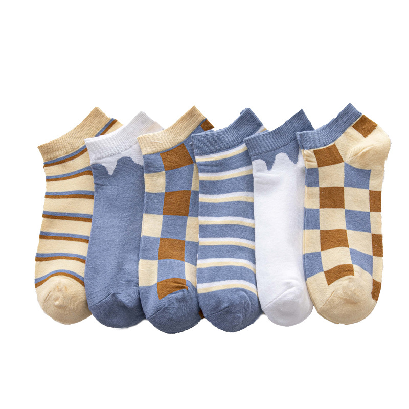 Socks Women's Short Socks Spring New Japanese Plaid Boat Socks Contrast Color Women's Socks Cotton Socks Cream Flowing Street ins Tide
