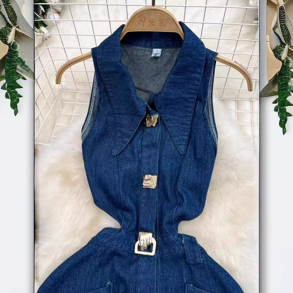 Retro lapel hollow-out waist slimming sleeveless single-breasted A- line split Denim dress casual dress