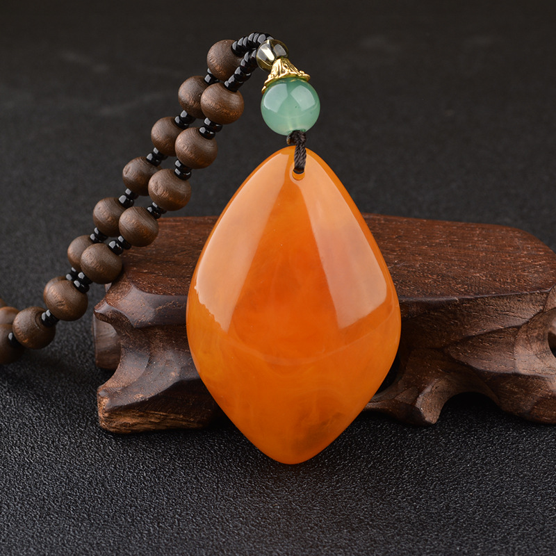 Old beeswax water drop necklace Amber long sweater chain peace buckle Peony Flower vintage men's and women's chicken oil yellow pendant
