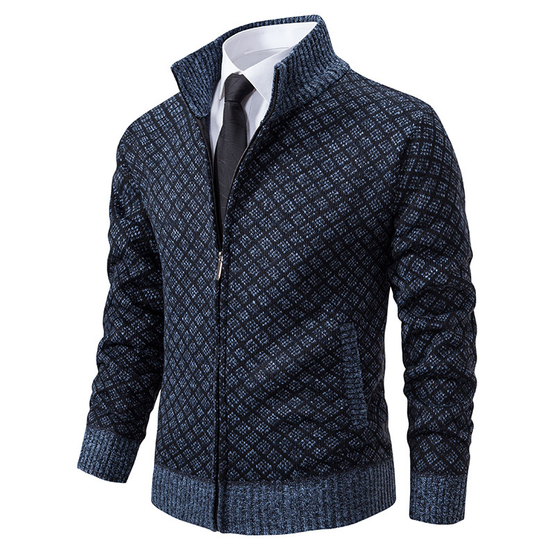 2023 autumn and winter men's fashionable plaid jacket men's fashionable stand collar slim-fit long-sleeved casual sweater