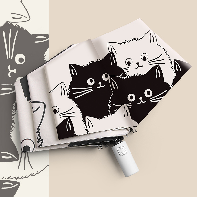 Cartoon Black and White Cat Automatic Umbrella Women's Sunny and Rainy Dual-purpose Foldable Sun Umbrella Sunshade Anti-ultraviolet Sunshade Umbrella for Men