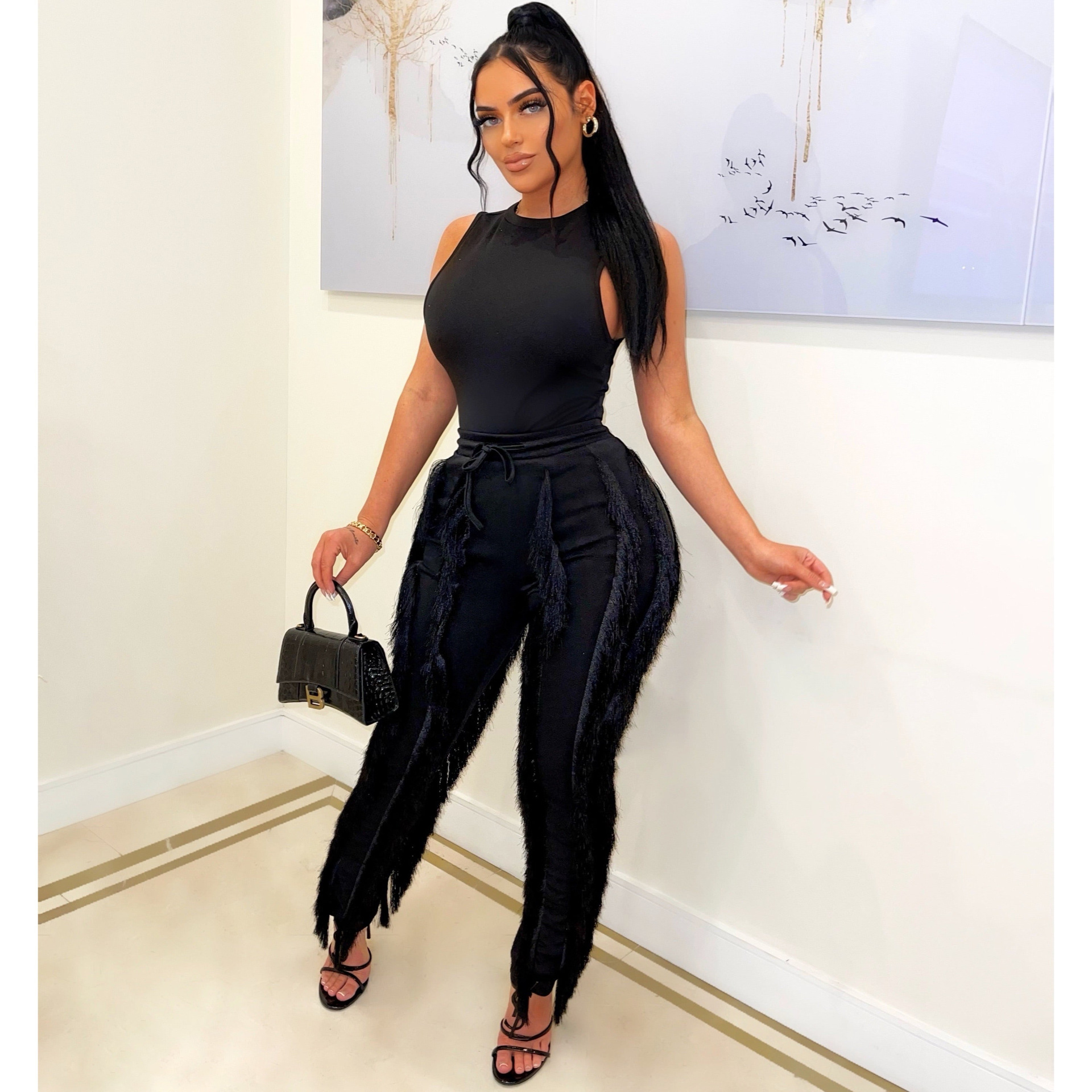 AL220 Amazon European and American Women's Two-Piece Tassel Trousers Sleeveless Casual Suit Lace Summer Sexy
